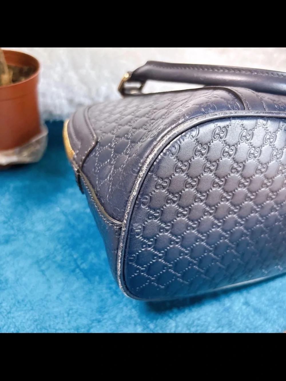 Gucci Navy Embossed GG Dome Satchel with Gold Hardware